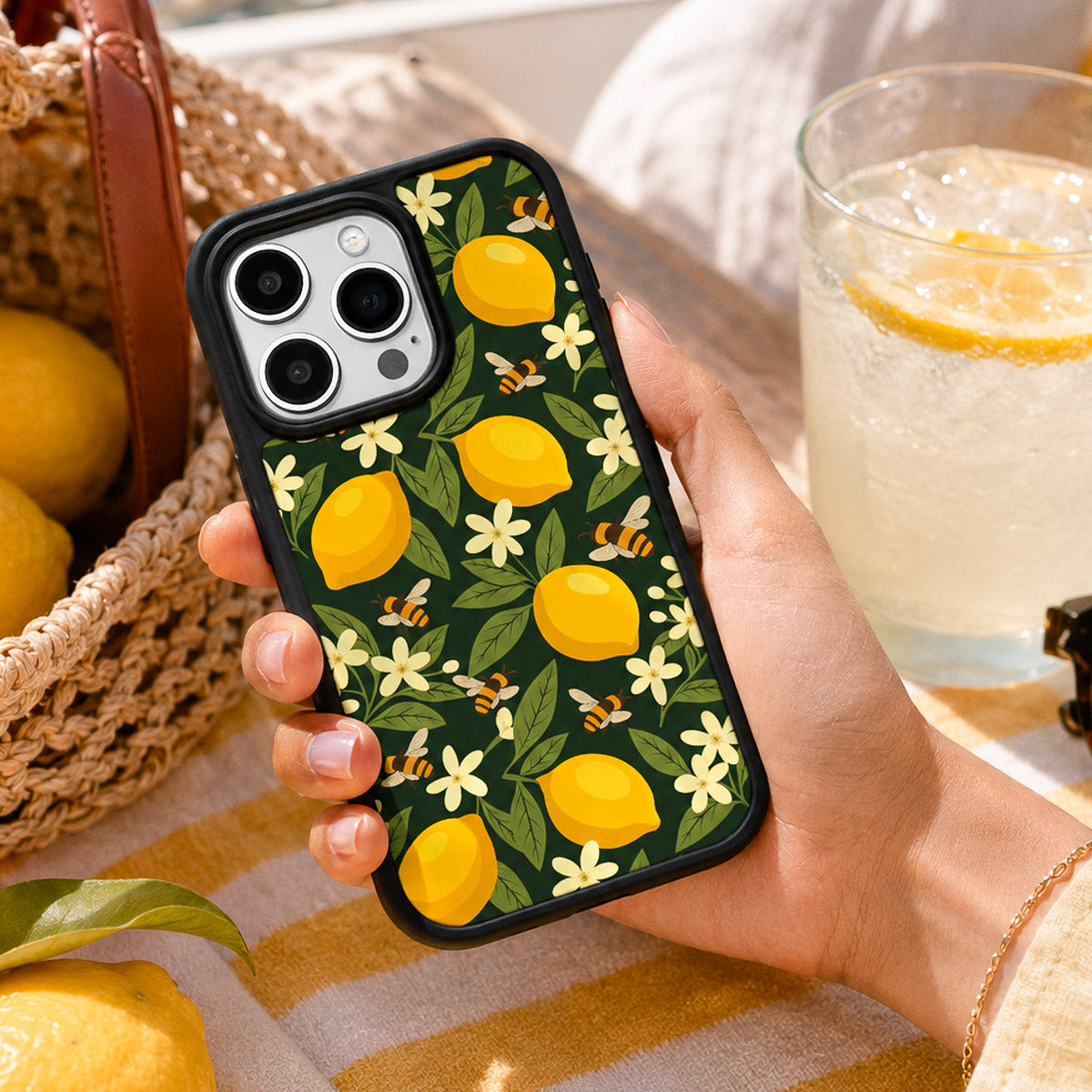 Cute Floral Designer iPhone 15 Pro Case – Lemon and Bees | MagSafe