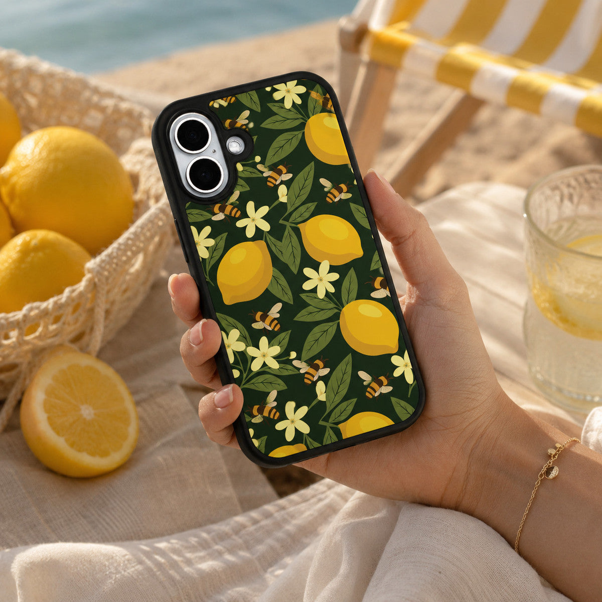 Cute Floral Designer iPhone 16 Case – Lemon and Bees | MagSafe — view 3