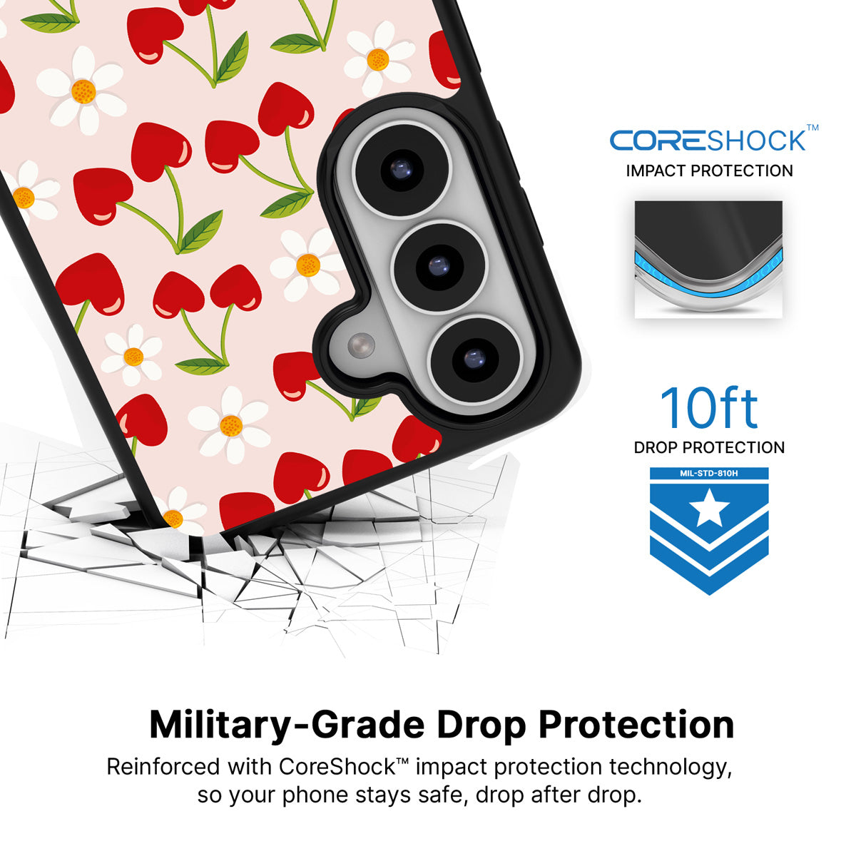 Love Cherry Samsung Galaxy S26 case with 10ft military-grade drop protection