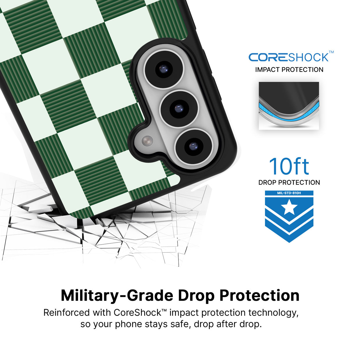 Luxe Emerald Samsung Galaxy S26 case with 10ft military-grade drop protection