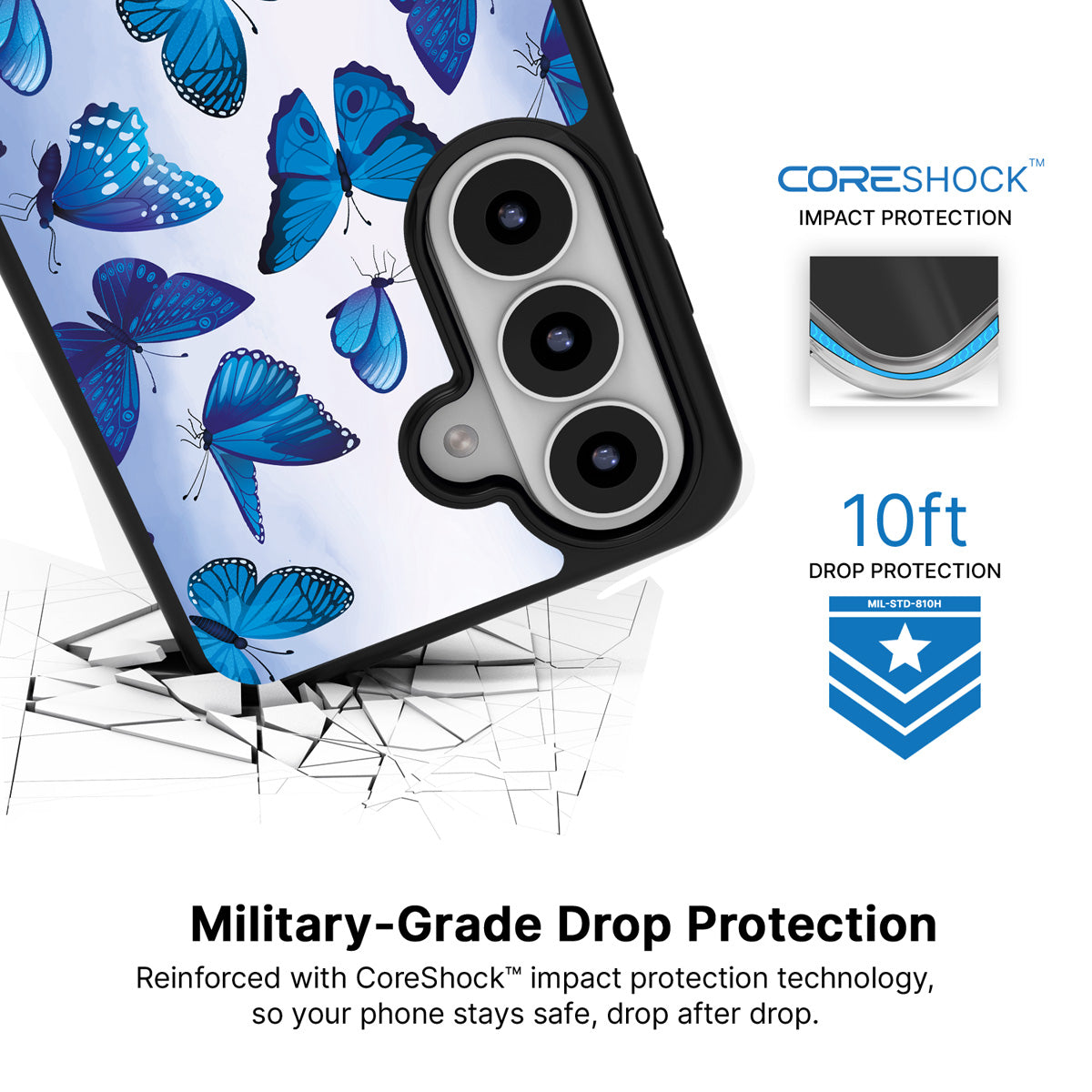 Magic Butterflies Samsung Galaxy S26 case with 10ft military-grade drop protection