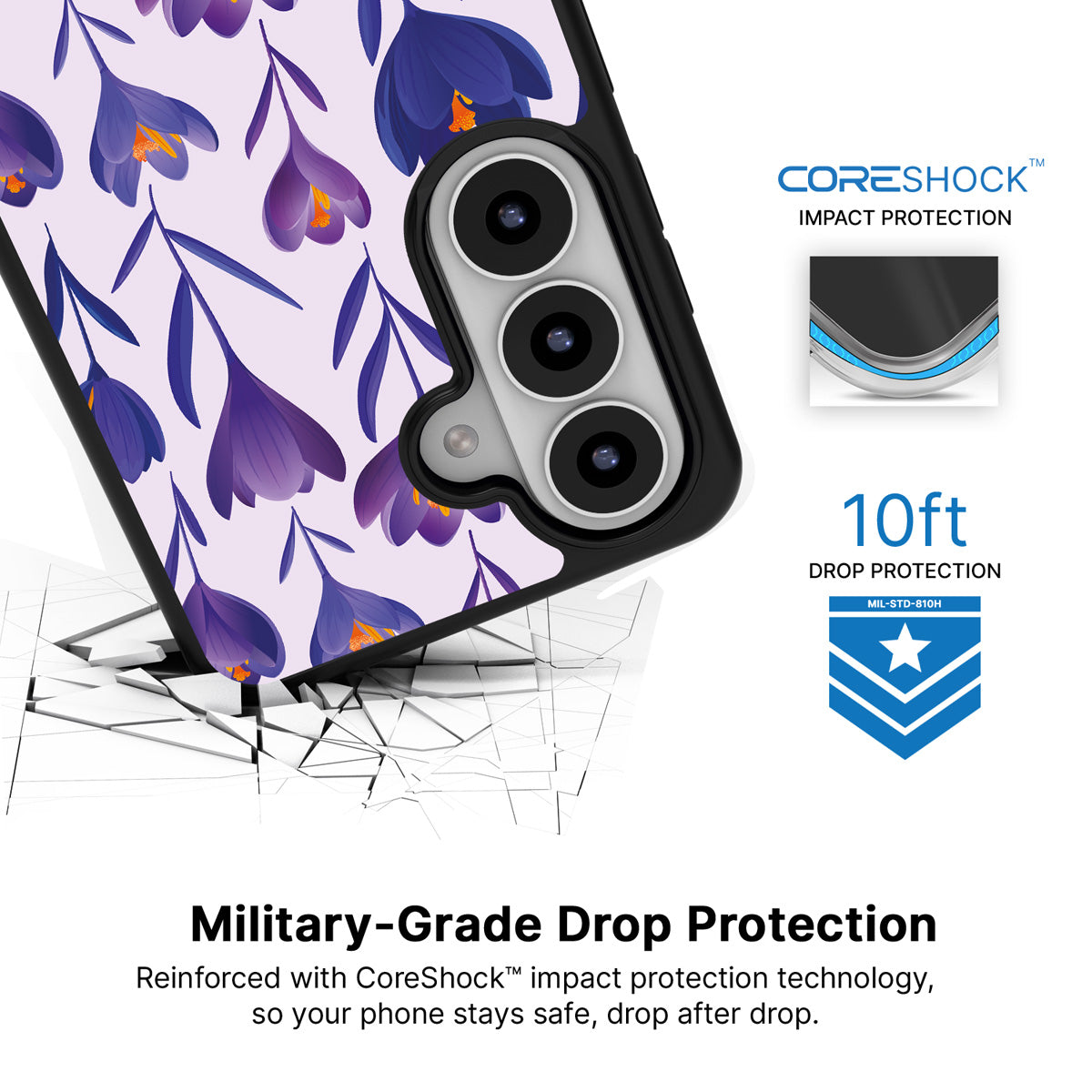 Midnight Crocus Samsung Galaxy S26 Plus case with 10ft military-grade drop protection