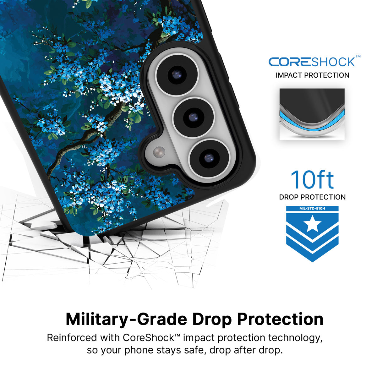 Moonlit Petals Samsung Galaxy S26 case with 10ft military-grade drop protection