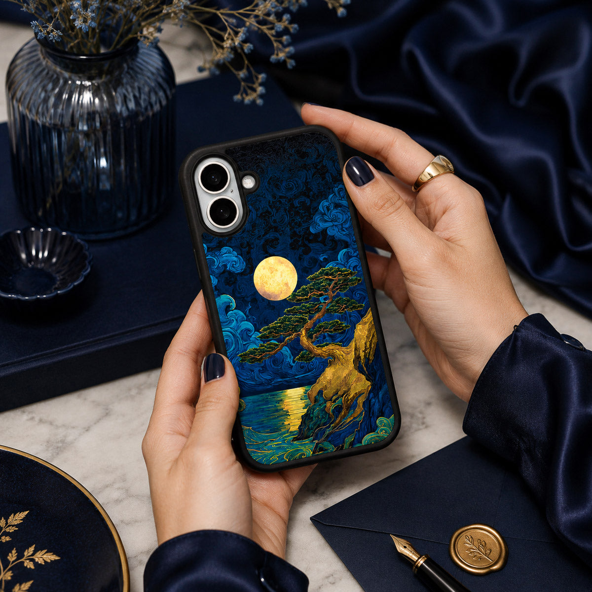 Dark Blue Designer iPhone 16 Plus Case – Moonlit Tide | MagSafe — view 2