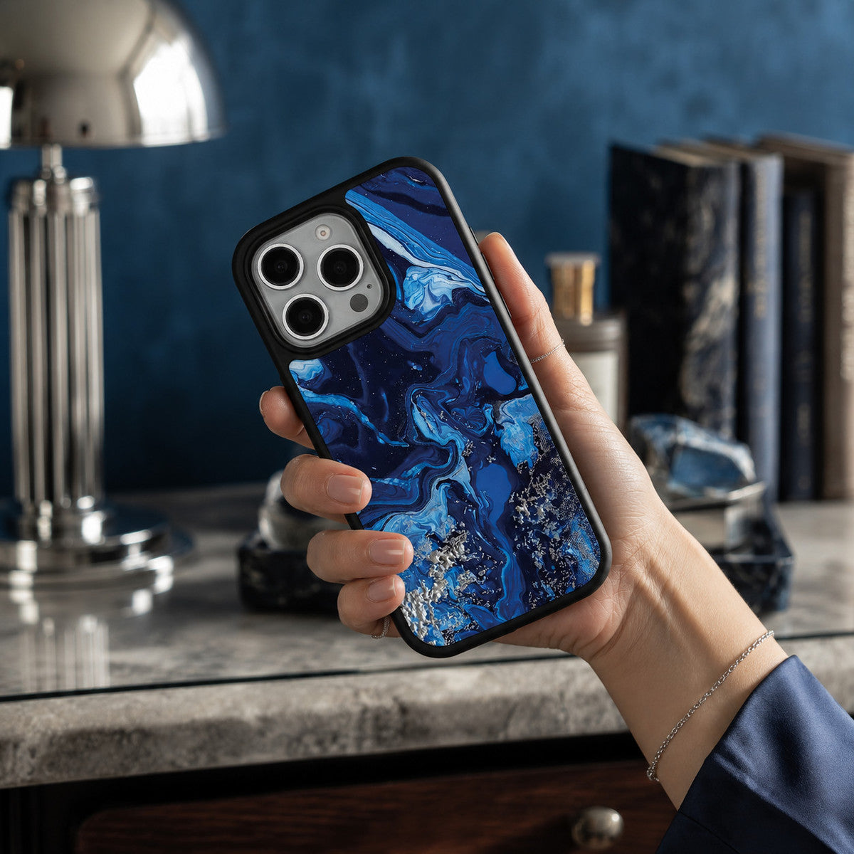 Navy Blue Designer iPhone 15 Case – Mystic Waters | MagSafe