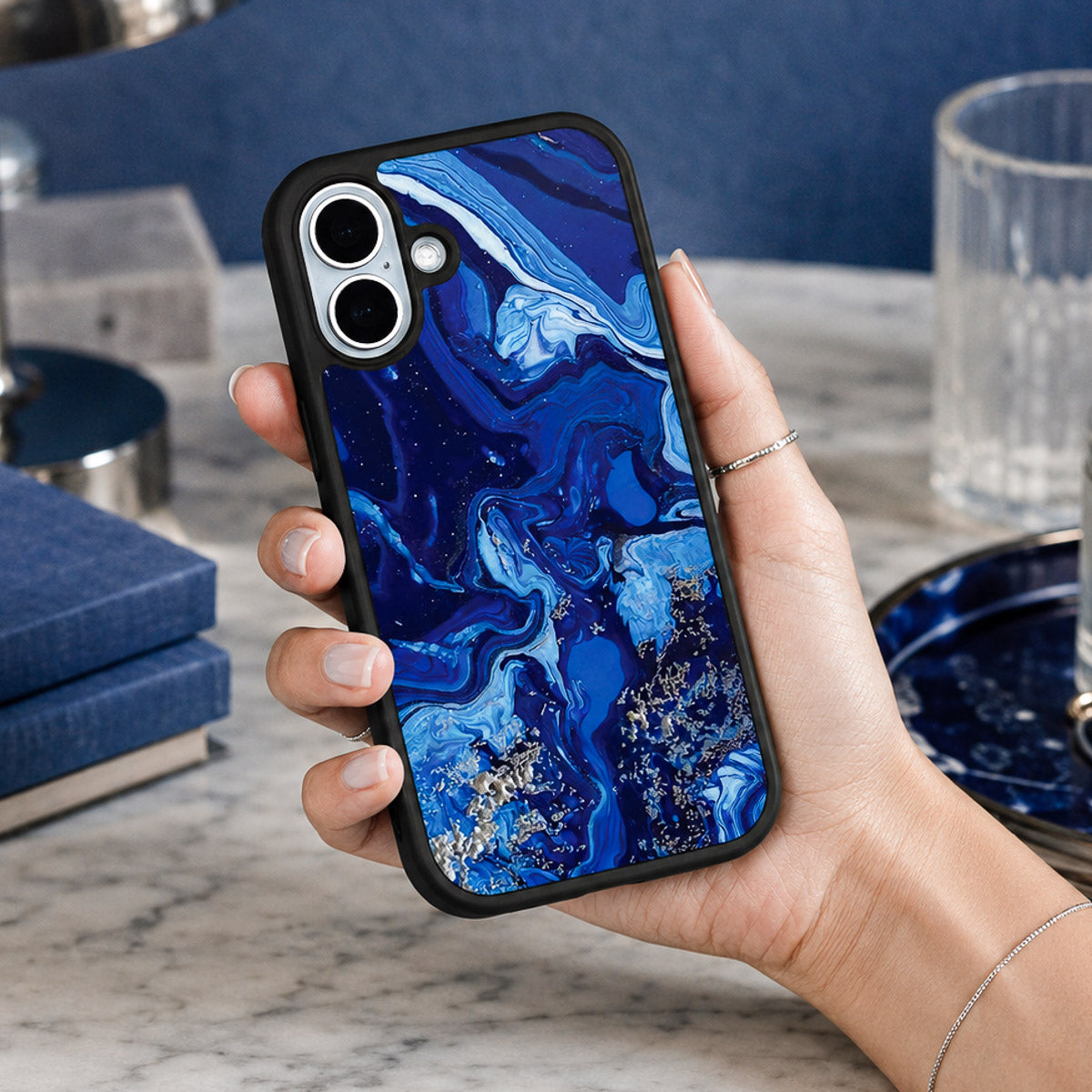 Navy Blue Designer iPhone 16 Case – Mystic Waters | MagSafe — view 2