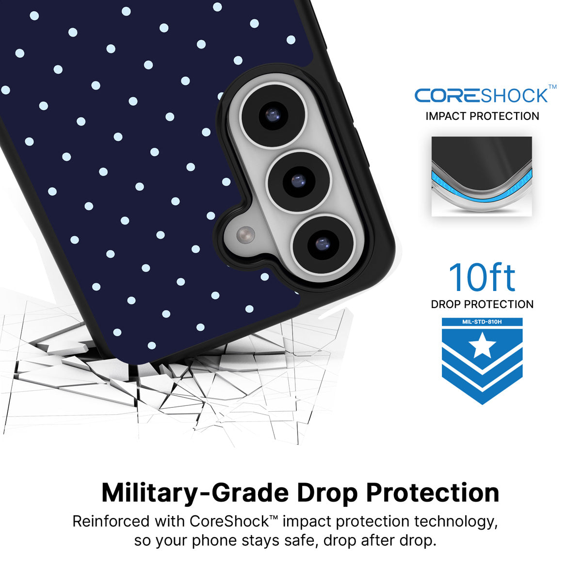 Navy Whisper Samsung Galaxy S26 Plus case with 10ft military-grade drop protection