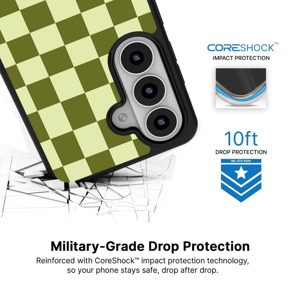 Olive Meadow Samsung Galaxy S26 Plus case with 10ft military-grade drop protection