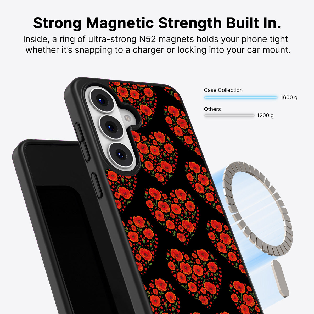 Samsung Galaxy S26 Qi2 magnetic case with N52 magnets – Poppy Heart design