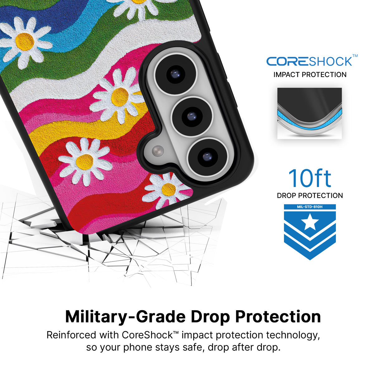 Rainbow Daisy Samsung Galaxy S26 case with 10ft military-grade drop protection
