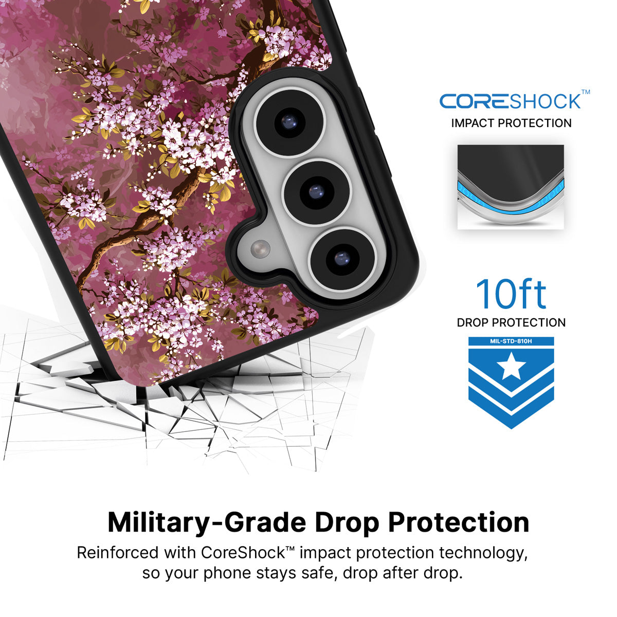 Rose Whisper Samsung Galaxy S26 Plus case with 10ft military-grade drop protection