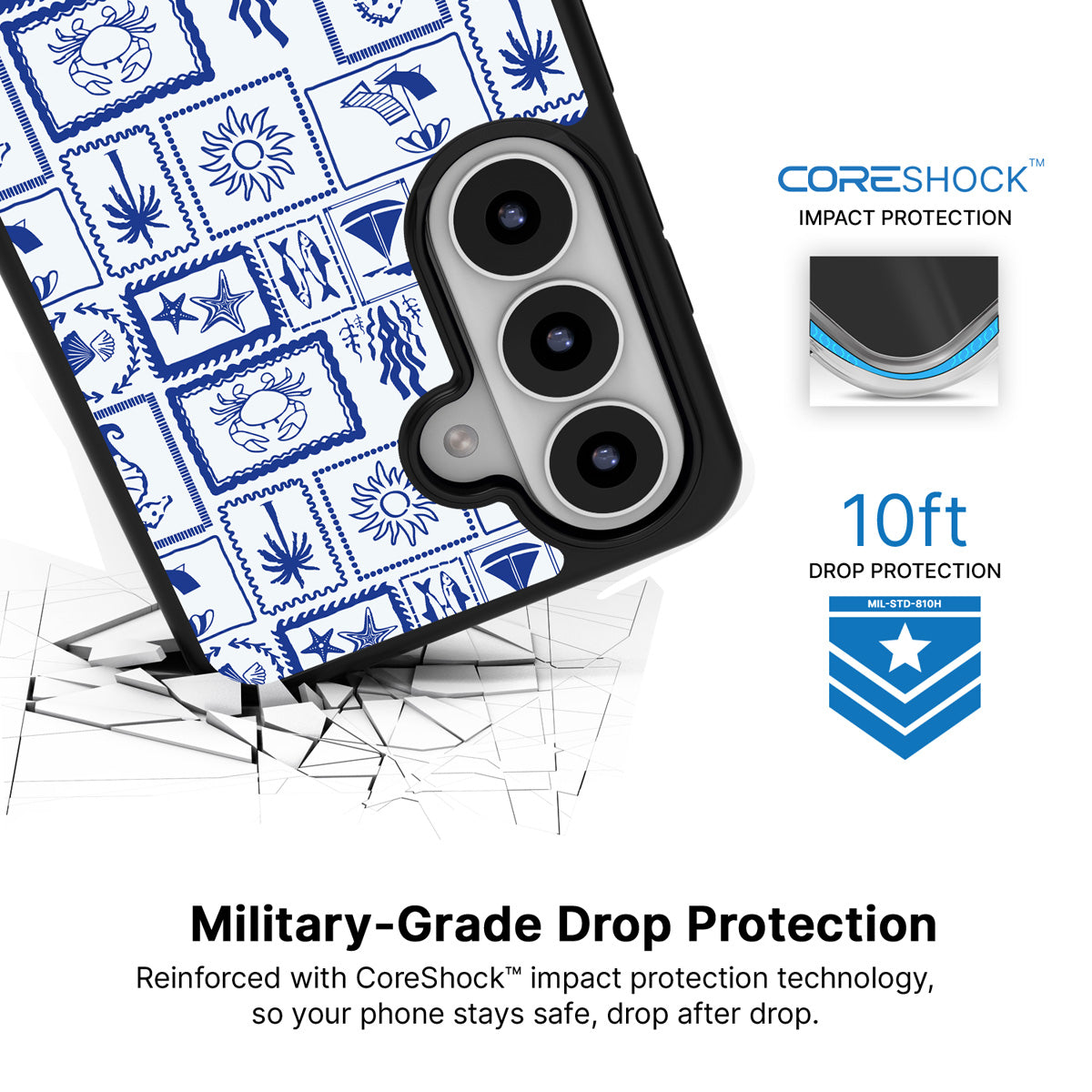 Seaside Sketches Samsung Galaxy S26 case with 10ft military-grade drop protection