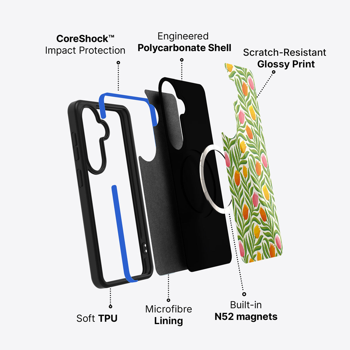Samsung Galaxy S26 Plus case construction and features – Spring Tulips phone case