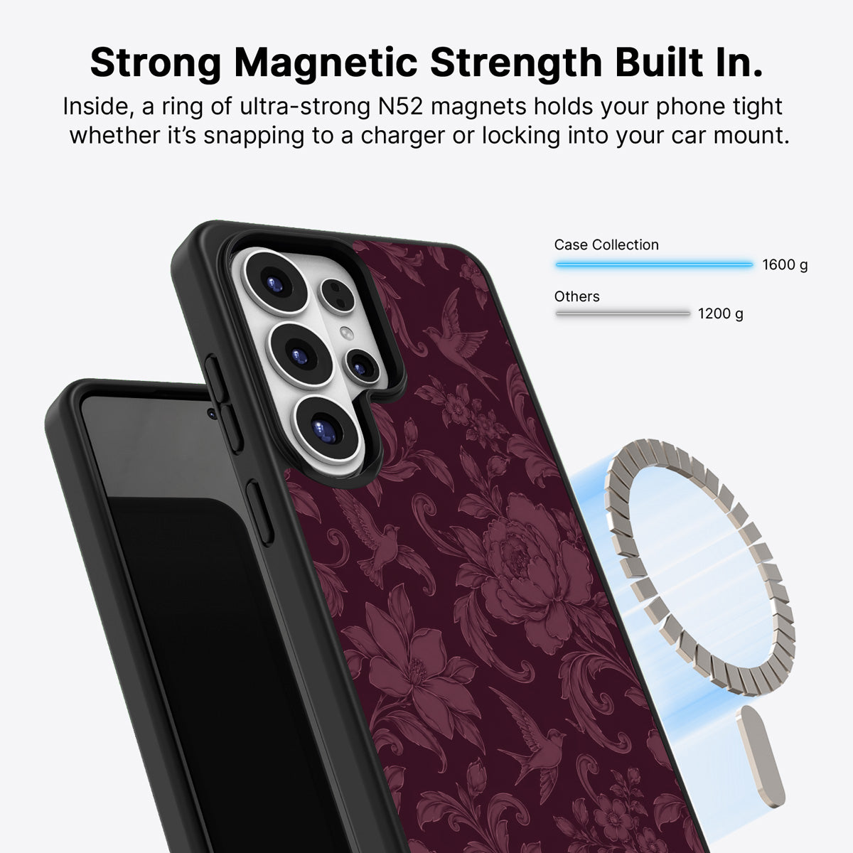 Samsung Galaxy S26 Ultra Qi2 magnetic case with N52 magnets – Swallow Damask design