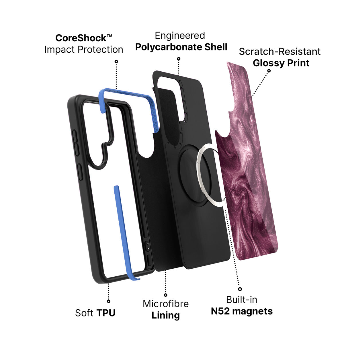Samsung Galaxy S26 Ultra case construction and features – Wine Shimmer phone case