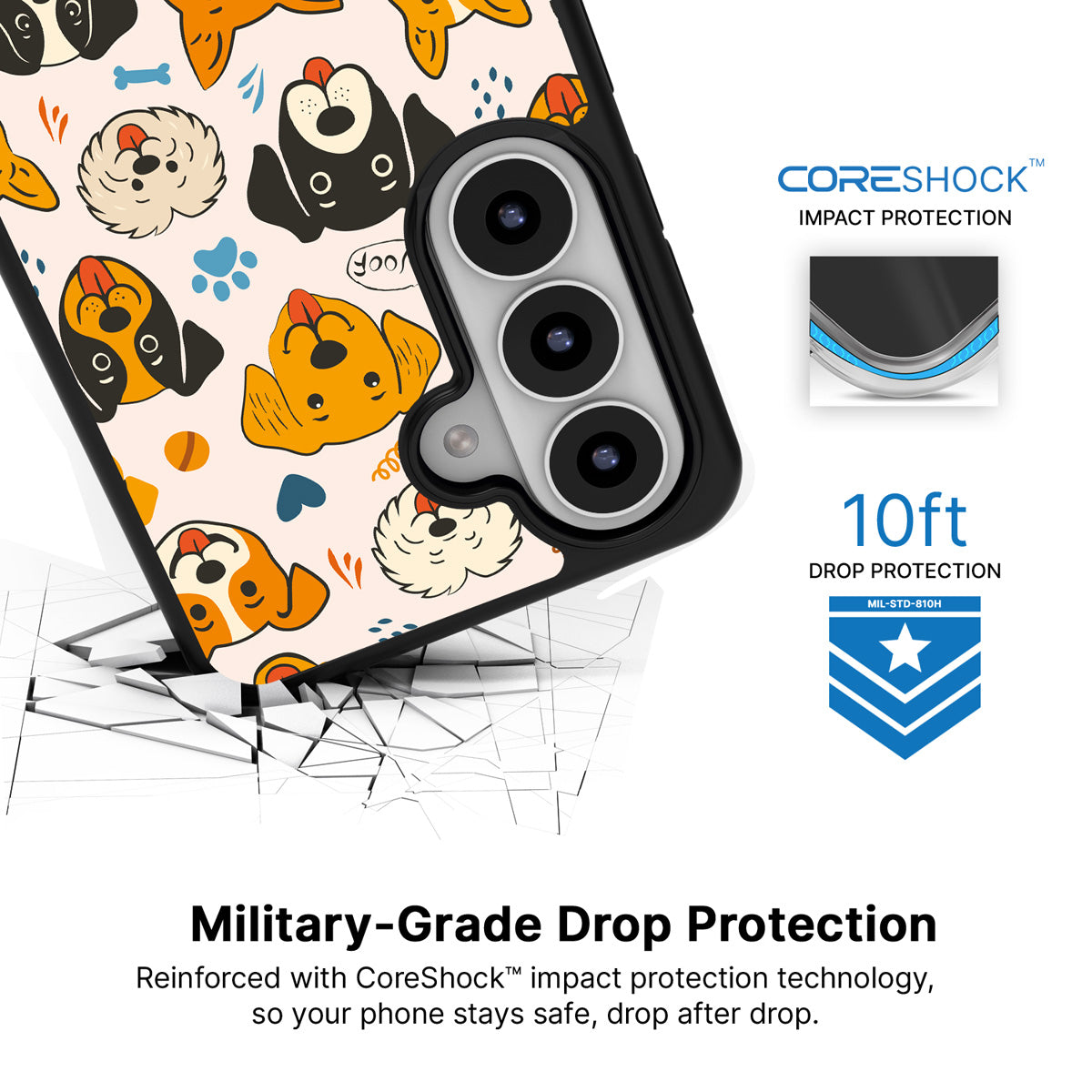 Woof Squad Samsung Galaxy S26 case with 10ft military-grade drop protection